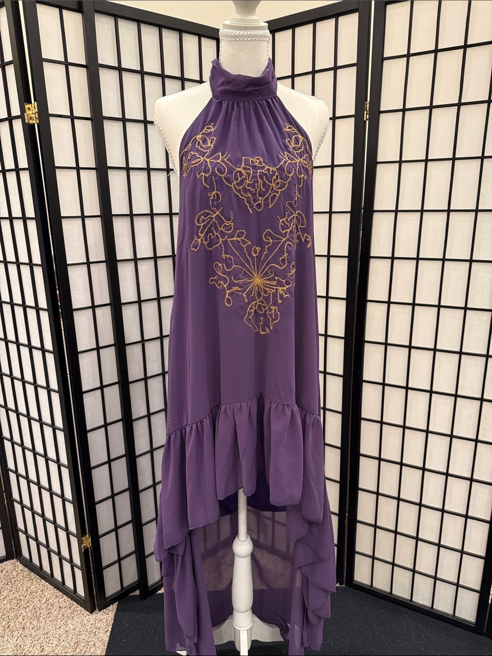 Purple Halter Embroidered lined High-Low Dress
